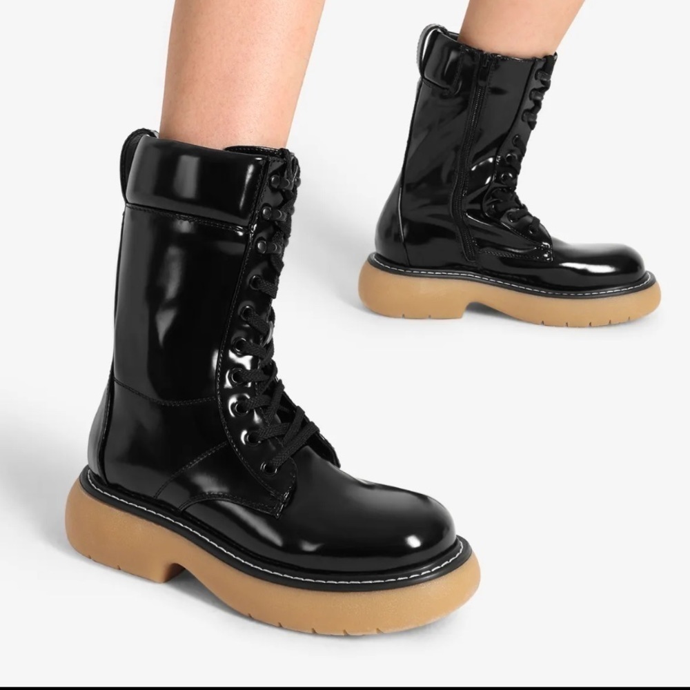 Platform Combat Boots Chunky Lug Sole Lace Up Black Boots Mid Calf Moto New - Picture 2 of 5